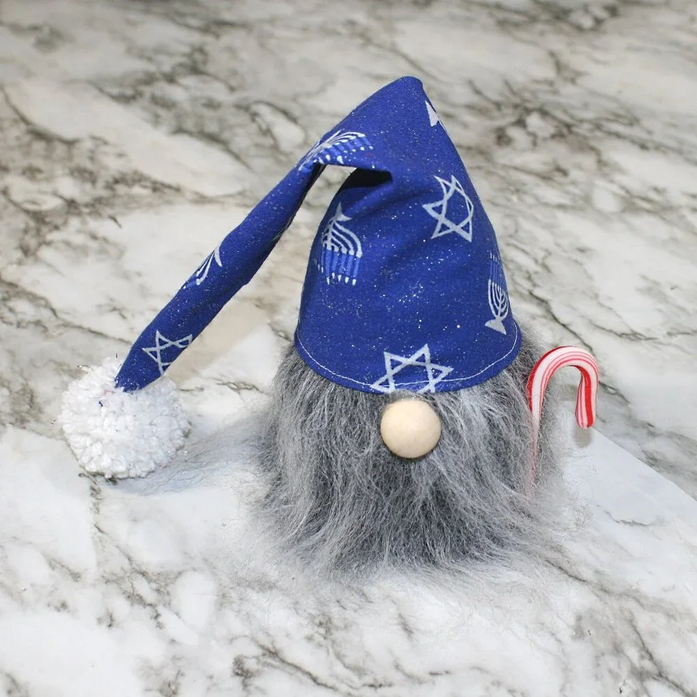 HAND CRAFTED Gnome Hanukkah Air Freshener Cover - Blue Stars Menorahs Gray